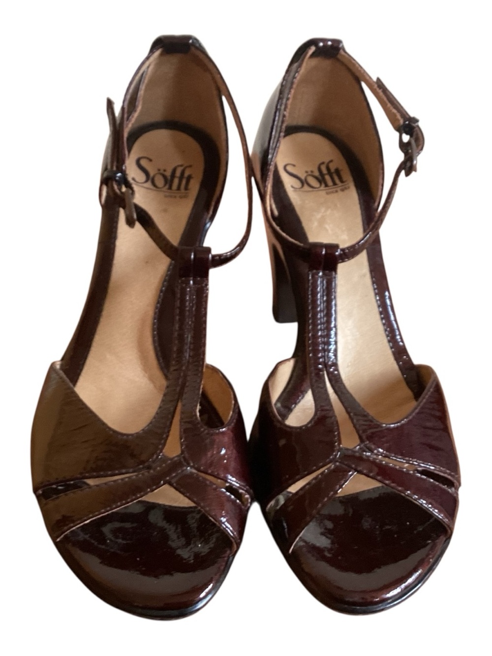 Sofft Burgundy Bordeaux Patent Leather T-Strap Heels Sandals size 6.5 - Picture 6 of 8